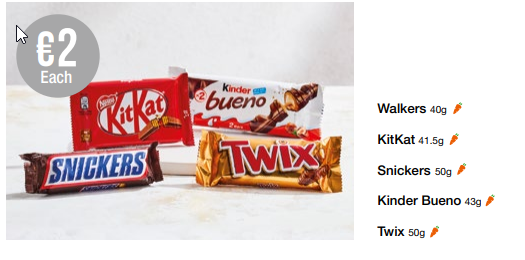 KitKat, Snickers, Bueno, Twix 2€